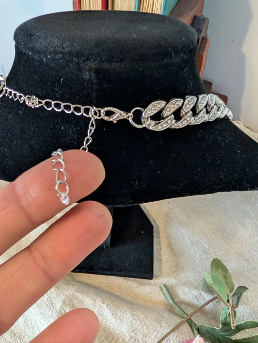 Y2K Rhinestone Cuban Link Necklace Silver Tone Glam Chain Pavé Crystal Detail